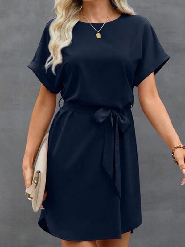 Loose Short Sleeves Solid Color Tied Waist Round-Neck Mini Dresses Product Image