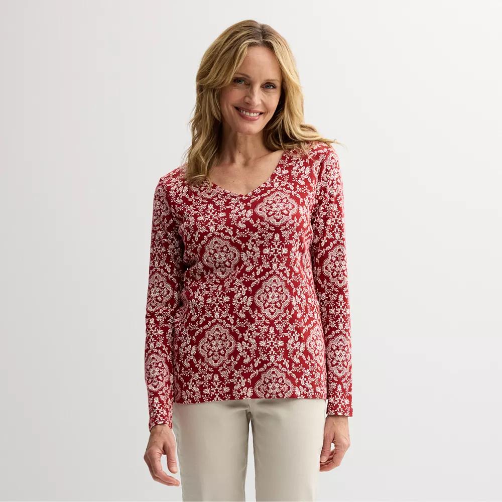 Petite Croft & Barrow® Essential Long-Sleeve V-Neck Top, Women's, Size: Small Petite, Red Medallion Product Image