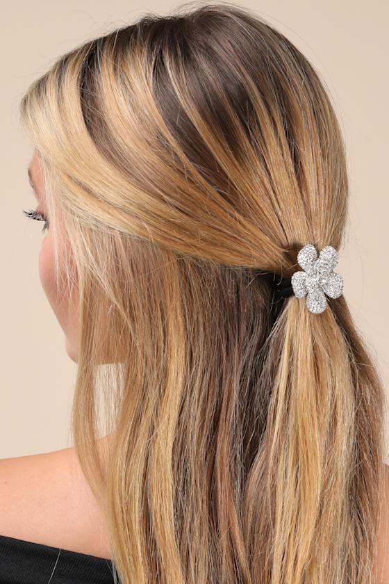 Pria Silver and Gold Rhinestone Flower Ponytail Holder Set Product Image