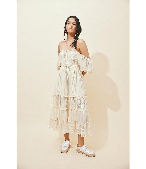 Free People Falling Sun Square Neck Short Puff Sleeve Tiered Midi Dress Product Image