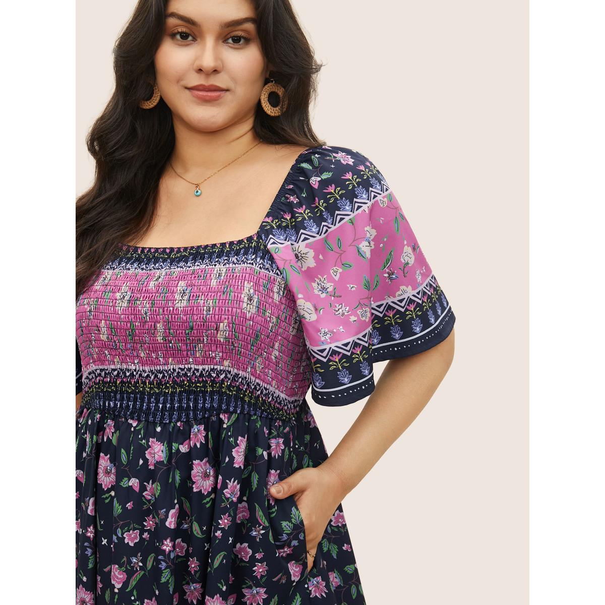 Plus Size Ditsy Floral Shirred Patchwork Ruffle Sleeve Dress Black Women Resort Shirred Square Neck Short sleeve Curvy Midi Dress BloomChic 28/5X Product Image