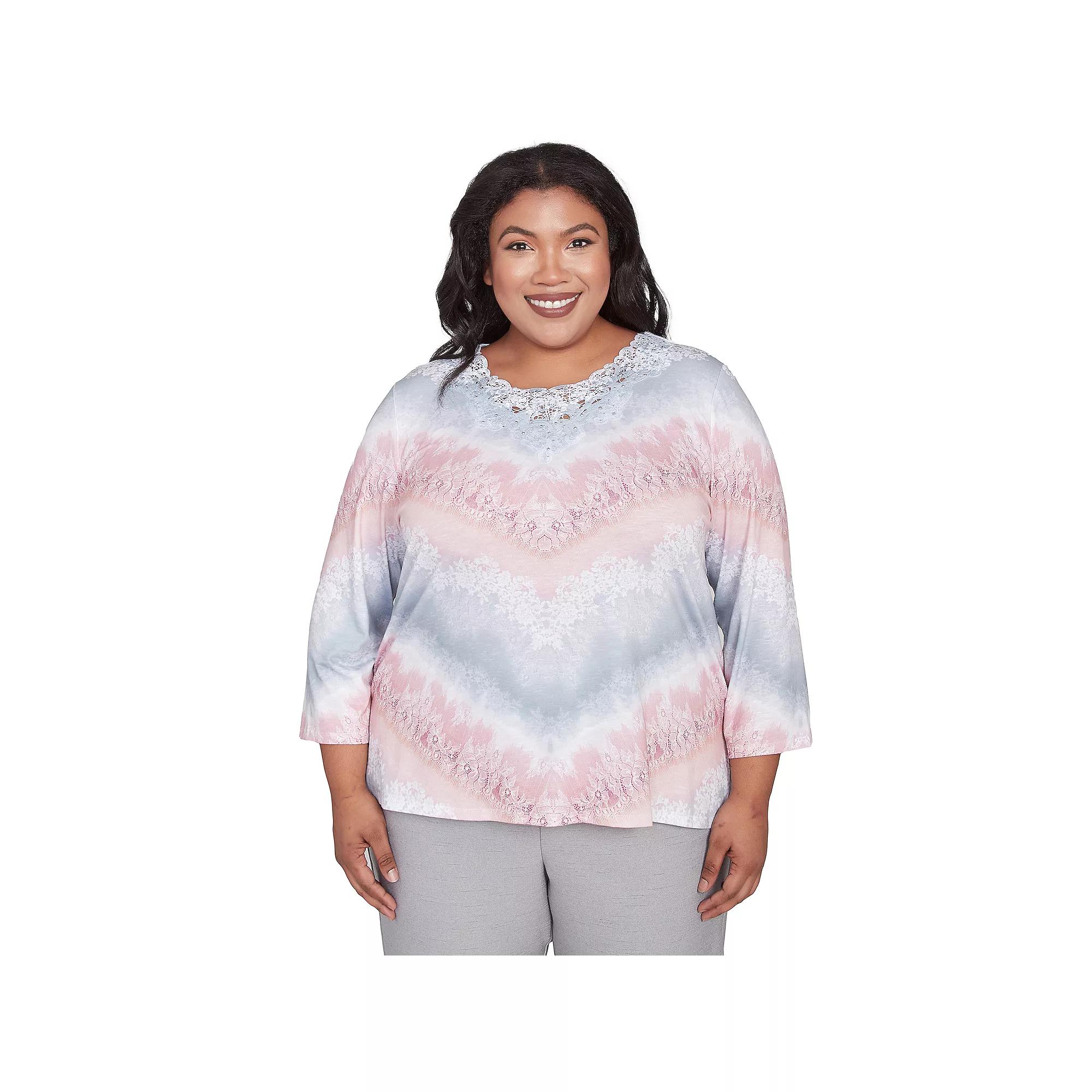 Plus Size Alfred Dunner Chevron Lacey Three Quarter Sleeve Top, Women's, Size: 1XL, Pink Team Product Image