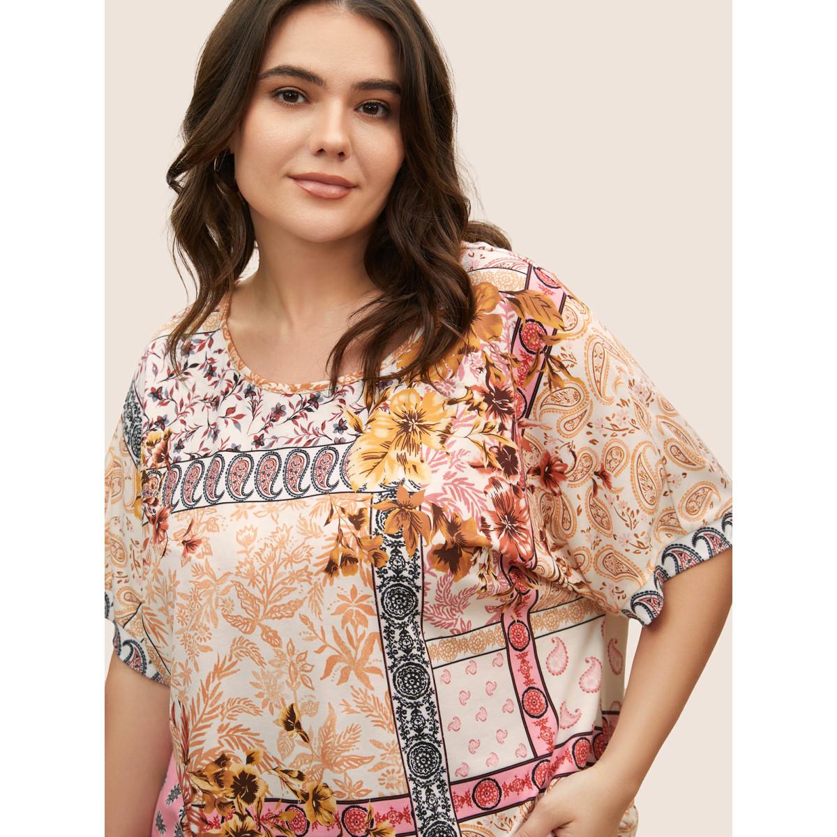 Plus Size Round Neck Boho Print Patchwork T-shirt Multicolor Women Casual Contrast Art&design Round Neck Everyday T-shirts BloomChic 10/M Product Image