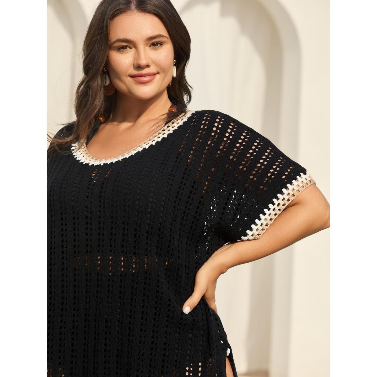 Plus Size Crochet Floral Embroidery Slit Swim Cover-Up Women's Swimwear Black Resort Loose Texture Curve Swim Cover Ups BloomChic 28/5X Product Image