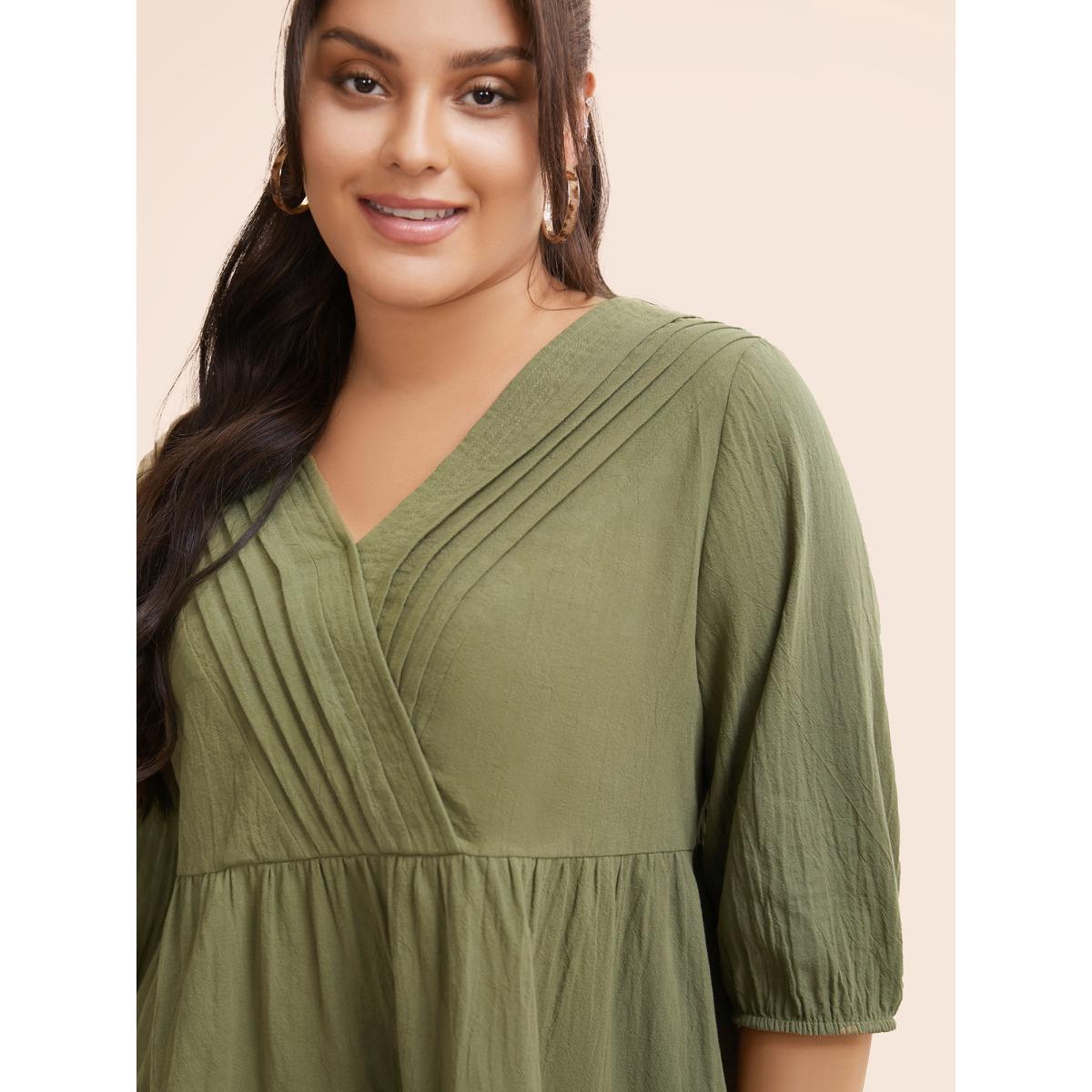 Plus Size Sage Solid Lantern Sleeve Pleated Blouse Women Resort Elbow-length sleeve V-neck Vacation Blouses BloomChic 18-20/2X Product Image