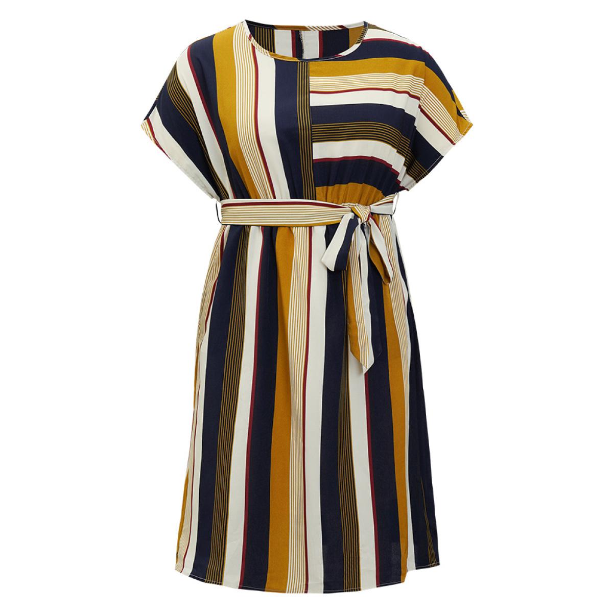 Plus Size Striped Patchwork Belted Ruffles Pocket Dolman Sleeve Dress Multicolor Women Vacation Contrast Round Neck Short sleeve Curvy Knee Dress BloomChic 28/5X Product Image