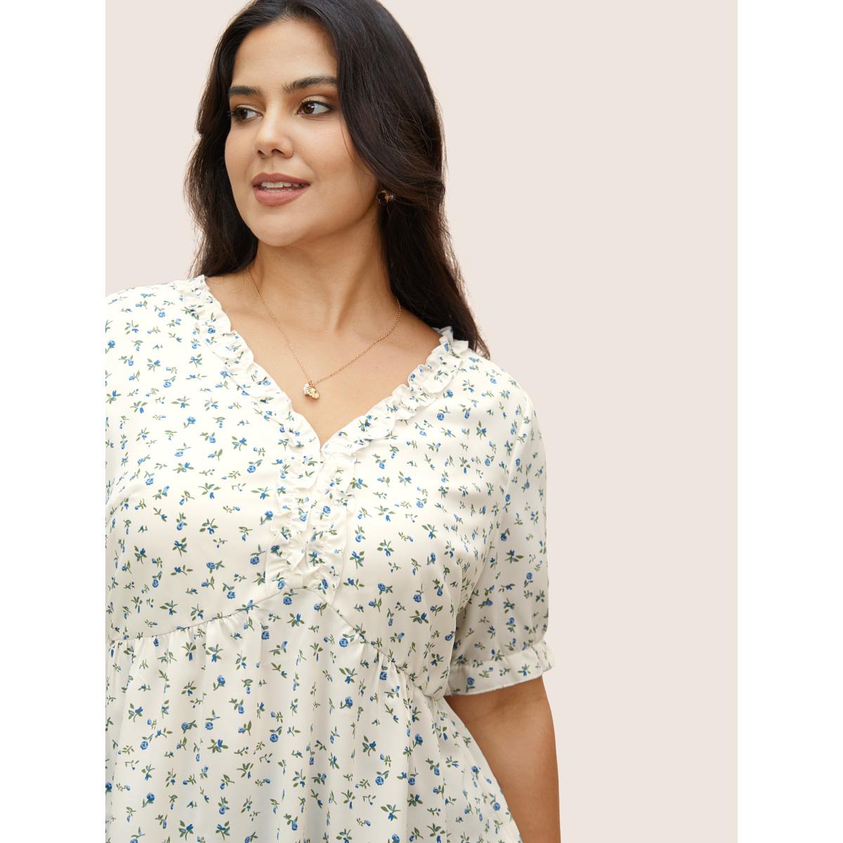 Plus Size White V Neck Ditsy Floral Frill Trim Blouse Women Elegant Short sleeve V-neck Everyday Blouses BloomChic 14-16/1X Product Image