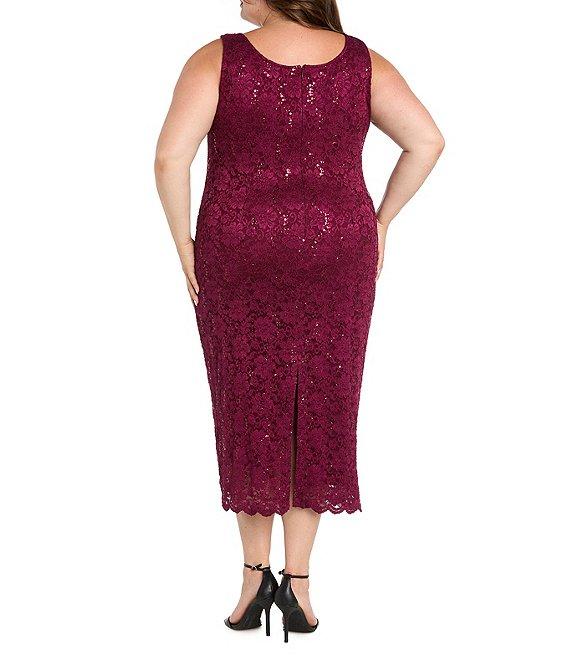R & M Richards Plus Size Lace Sequin Power Mesh Scallop Trim 3/4 Sleeve Jacket Midi Dress Product Image