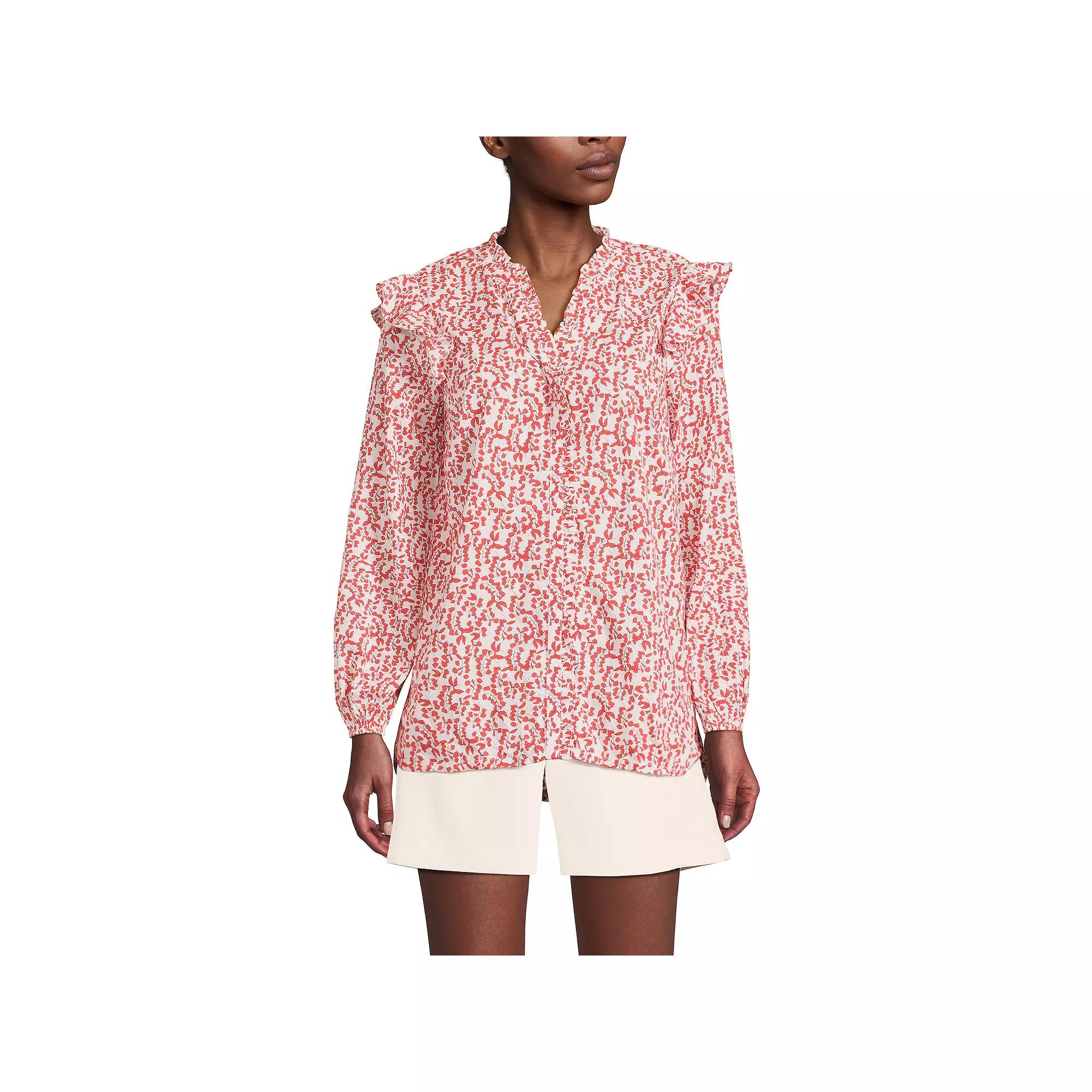 Women's Lands' End Cotton Voile Ruffle Shirt, Size: Medium, Beige Tossed Blooms Product Image