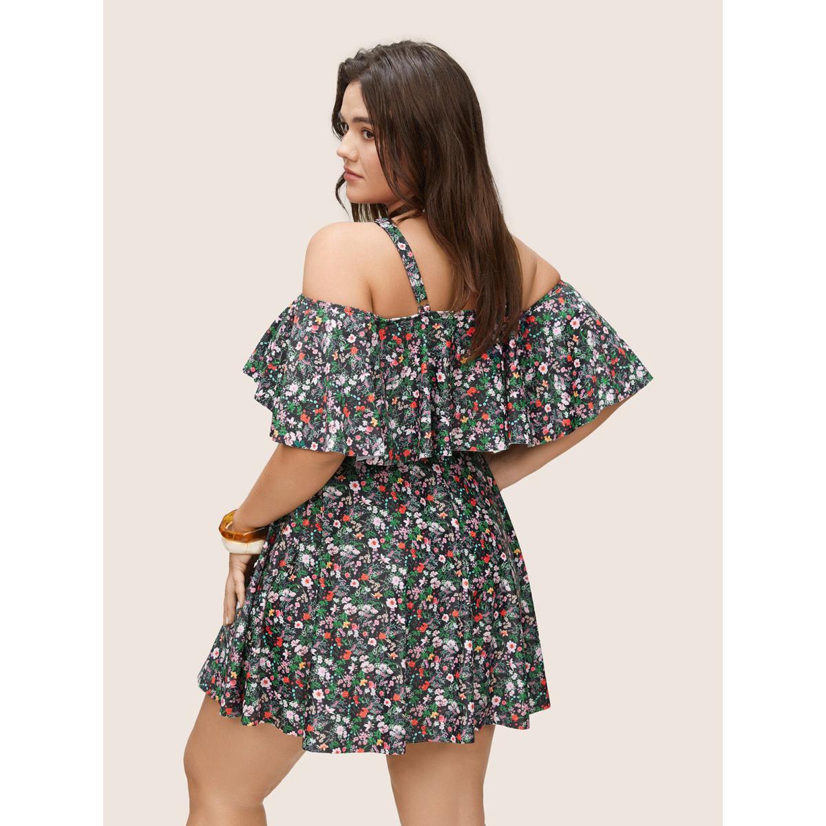 Plus Size Ditsy Floral Ruffles Cold Shoulder Swim Dress Women's Swimwear Black Beach Bodycon One-shoulder neck High stretch Curve Swim Dresses BloomChic 14-16/1X Product Image