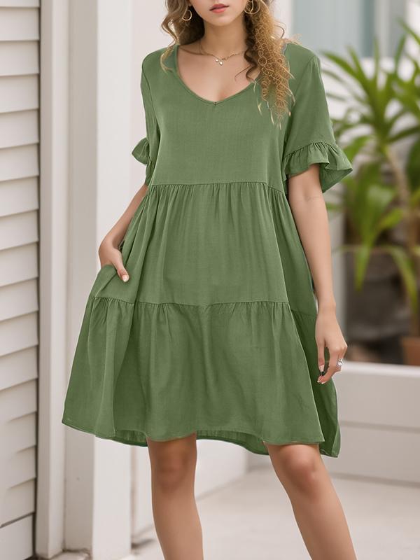 A-Line Flared Sleeves Pleated Pockets Ruffled Solid Color Split-Joint Round-Neck Mini Dresses Product Image