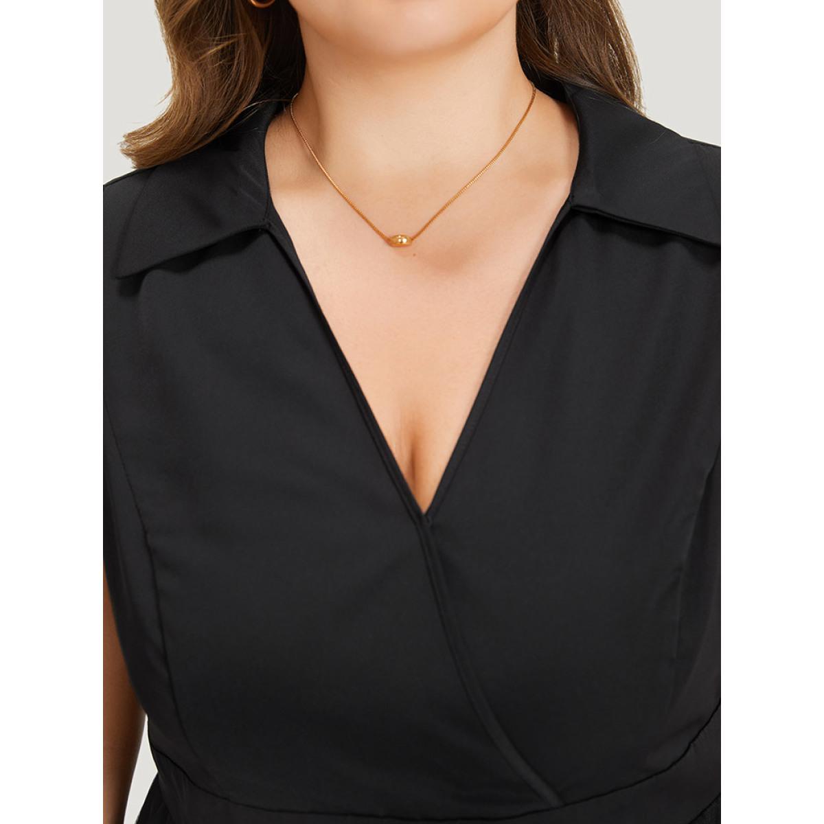 Plus Size Shirt Collar Pocket Mesh Elastic Waist Sleeveless Dress Black Women Elegant Lined Shirt collar Sleeveless Curvy Midi Dress BloomChic 26/4X Product Image