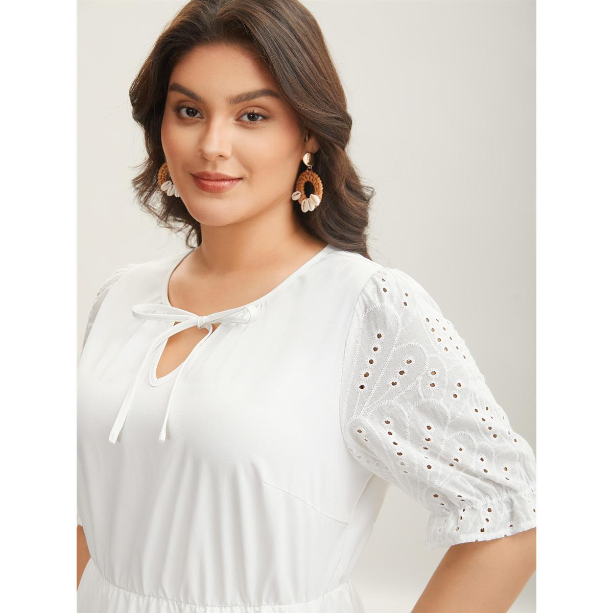 Plus Size Textured Eyelet Sleeve Pockets Midi Dress WhiteSmoke Women Flat collar with V-notch Half Sleeve Curvy BloomChic 14-16/1X Product Image