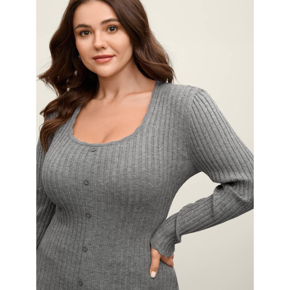 Plus Size Supersoft Ribbed Fitted Scoop Neck Pullover Mediumgray Women Skinny Long Sleeve U-neck Work Pullovers BloomChic 10/M Product Image