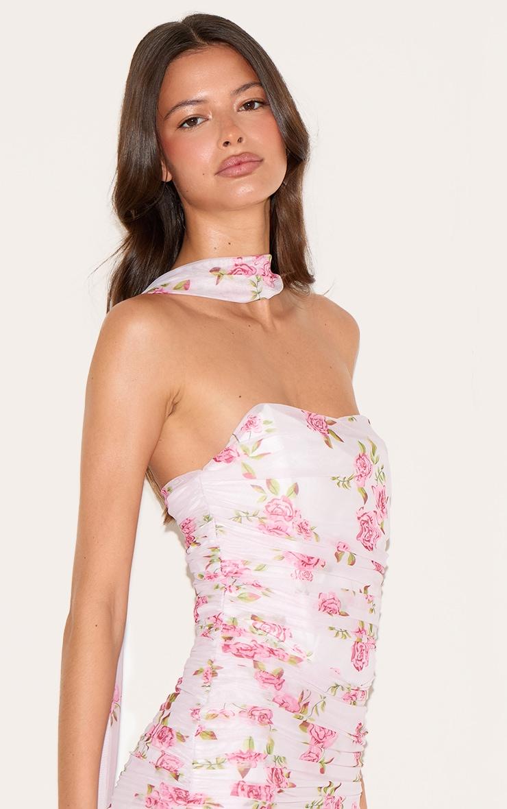 Pink Floral Scarf Detail Ruched Maxi Dress Product Image