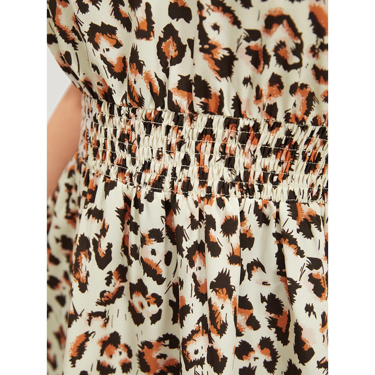 Plus Size Beige Leopard Print Shirred Puff Sleeve Ruffle Sleeve Blouse Women Glamour Short sleeve V-neck Going out Blouses BloomChic 10/M Product Image