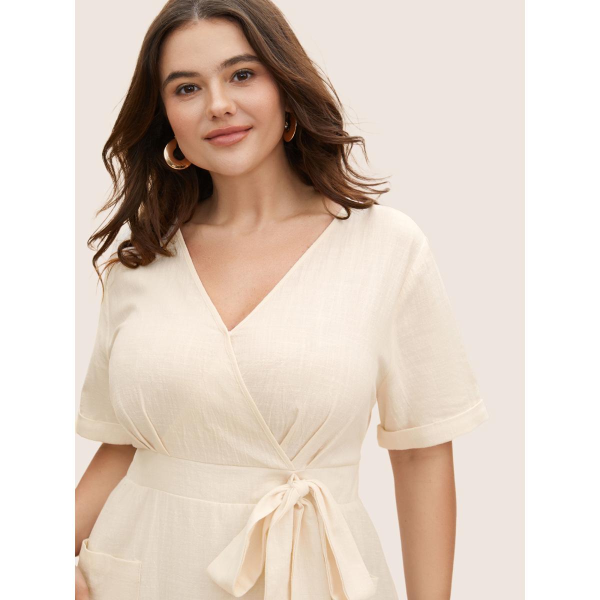 Plus Size Cotton Linen Cuffed Sleeve Tie Knot Midi Dress Champagne Women Casual Tie knot Overlap Collar Short sleeve Curvy BloomChic 28/5X Product Image