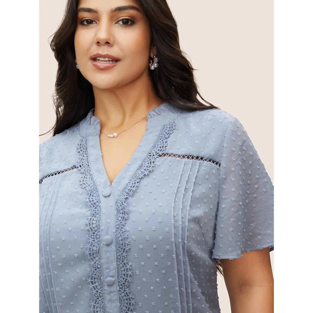 Plus Size Stone Textured Lace Insert Pleated Flutter Sleeve Blouse Women Elegant Short sleeve Flat collar Everyday Blouses BloomChic 14-16/1X Product Image