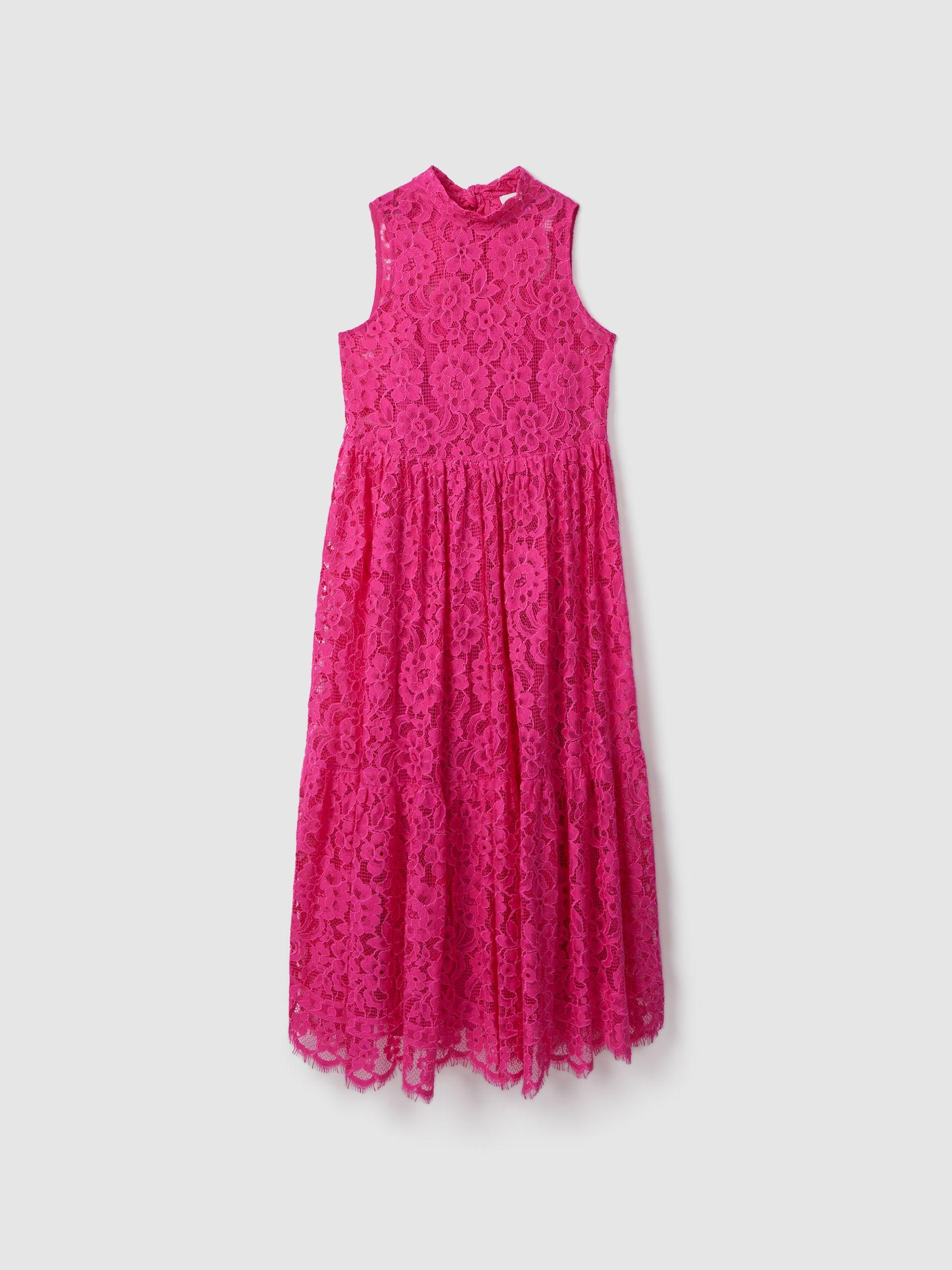 Florere Lace Tie Back Midi Dress in Bright Pink Product Image