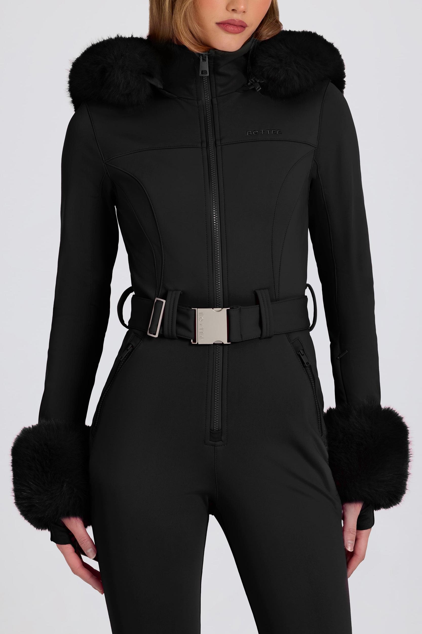 Waterproof Faux-Fur Hood Fitted Ski Suit in Black Product Image