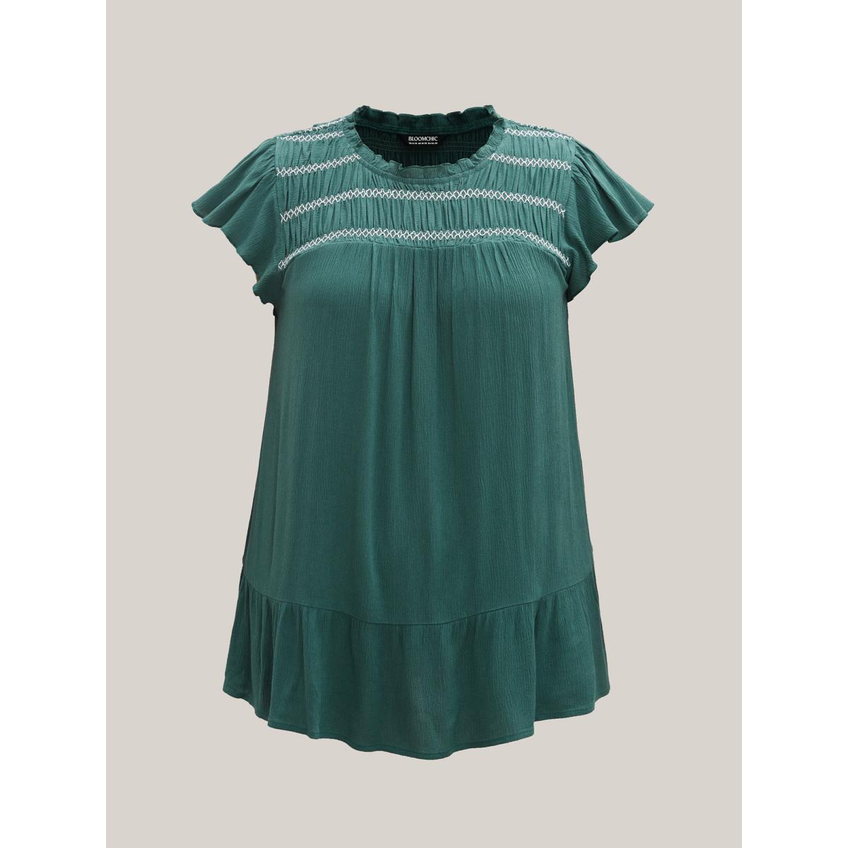 Plus Size Teal Rayon Shirred Neck Flutter Sleeve Tiered Blouse Women Cap Sleeve Round Neck Vacation Blouses BloomChic 18-20/2X Product Image