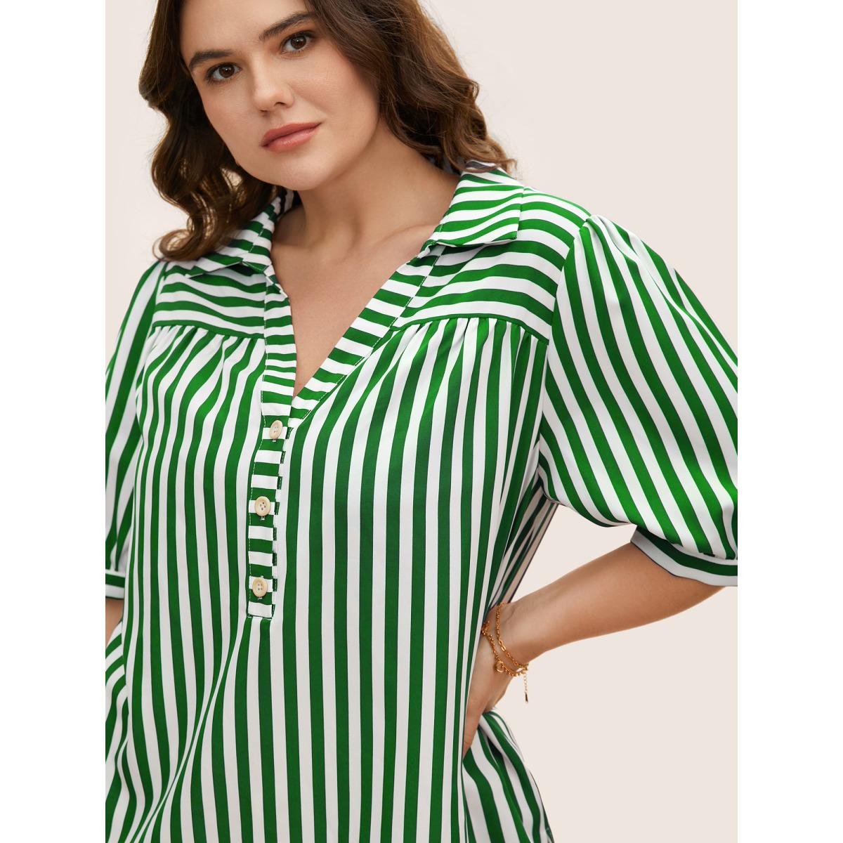 Plus Size Truegreen Striped Notched Collar Lantern Sleeve Blouse Women Workwear Essentials Short sleeve Notched collar Work Blouses BloomChic 14-16/1X Product Image