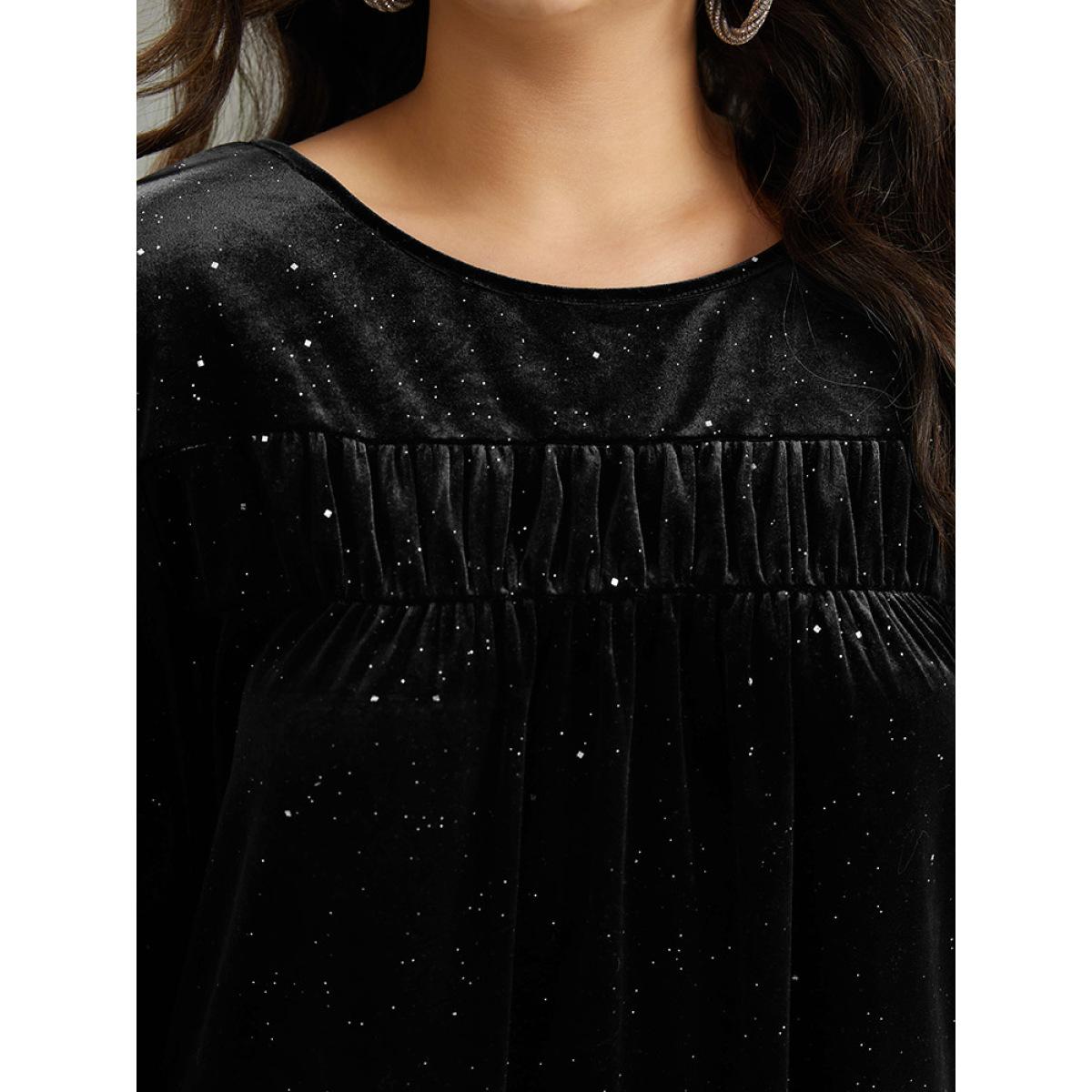 Plus Size Black Velvet Seam Detail Pleated Blouse Women Glamour Long Sleeve Round Neck Going out Blouses BloomChic 22-24/3X Product Image