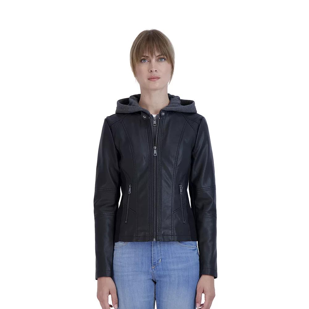 Women's Sebby Collection Fleece Trim Faux-Leather Jacket, Size: Large, Black Product Image