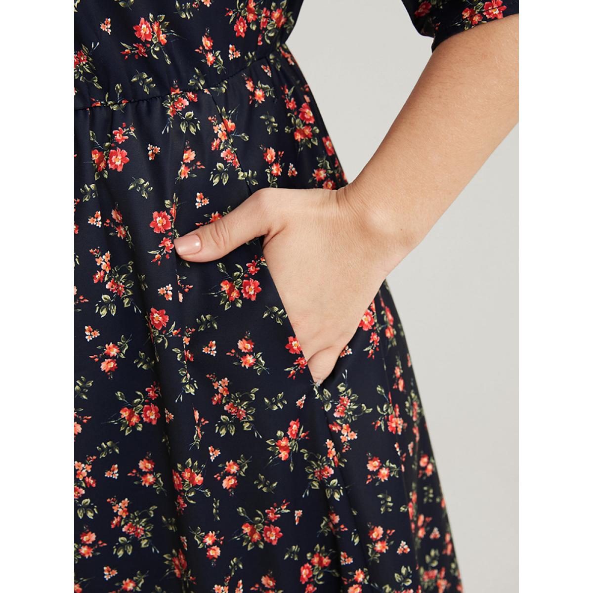 Plus Size Ditsy Floral Frill Trim Tie Neck Pocket Arc Hem Dress DarkBlue Women Elegant Cross straps Round Neck Half Sleeve Curvy Midi Dress BloomChic 22-24/3X Product Image