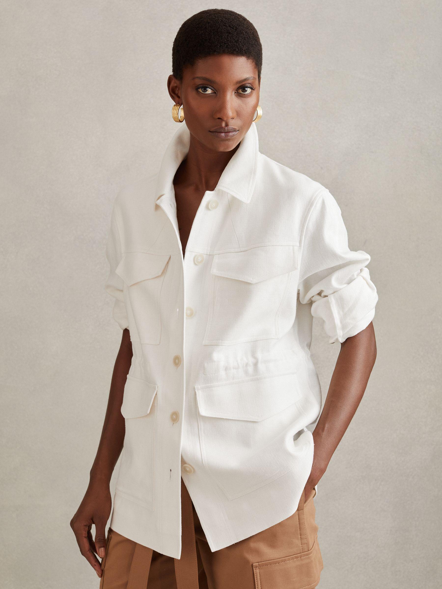 Linen Blend Drawstring Overshirt in White Product Image