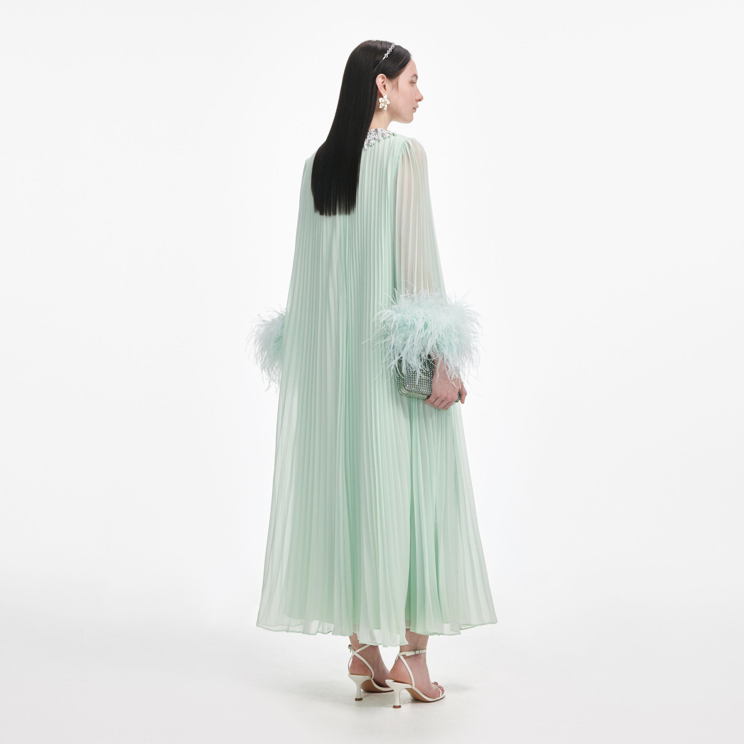 Mint Chiffon Feather Midi Dress Product Image