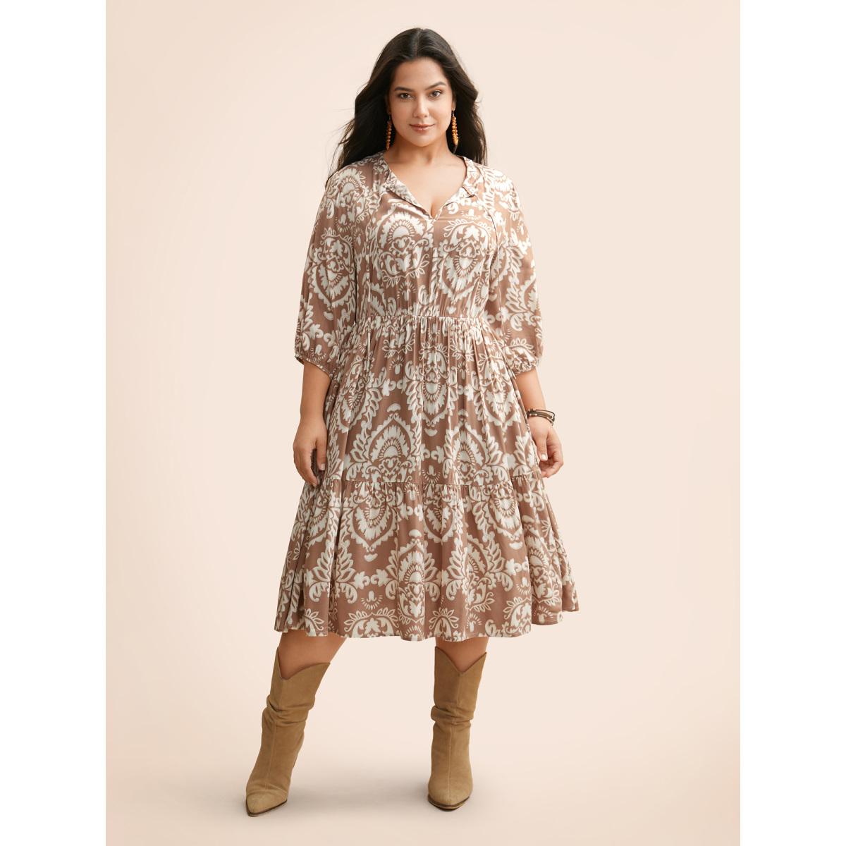 Plus Size Damask Print Tie Knot Puff Sleeve Dress DustyPink Women Resort Tie knot V-neck Elbow-length sleeve Curvy BloomChic 28/5X Product Image