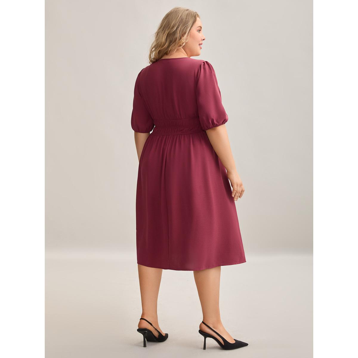 Plus Size Shirred Waist Split Neck Puff Sleeve Dress Burgundy Women At the Office Gathered Flat collar with V-notch Half Sleeve Curvy BloomChic 14-16/1X Product Image