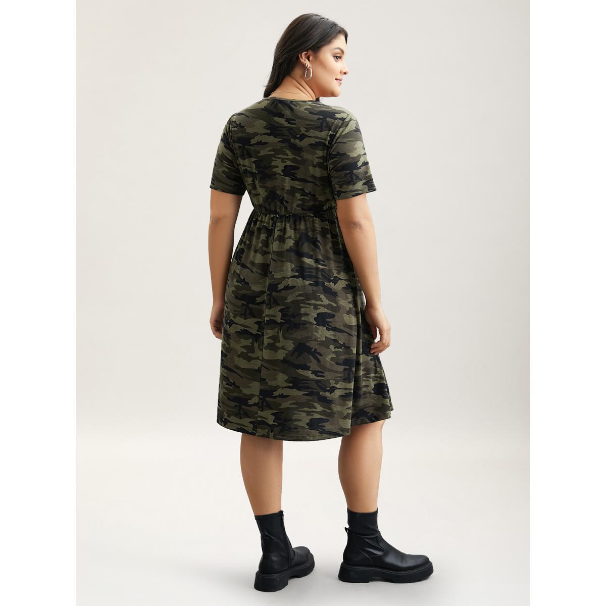 Plus Size Camouflage Print Round Neck Pockets Midi Dress ArmyGreen Women Leisure Tie knot Knit Dresses Bloomchic 22-24/3X Product Image