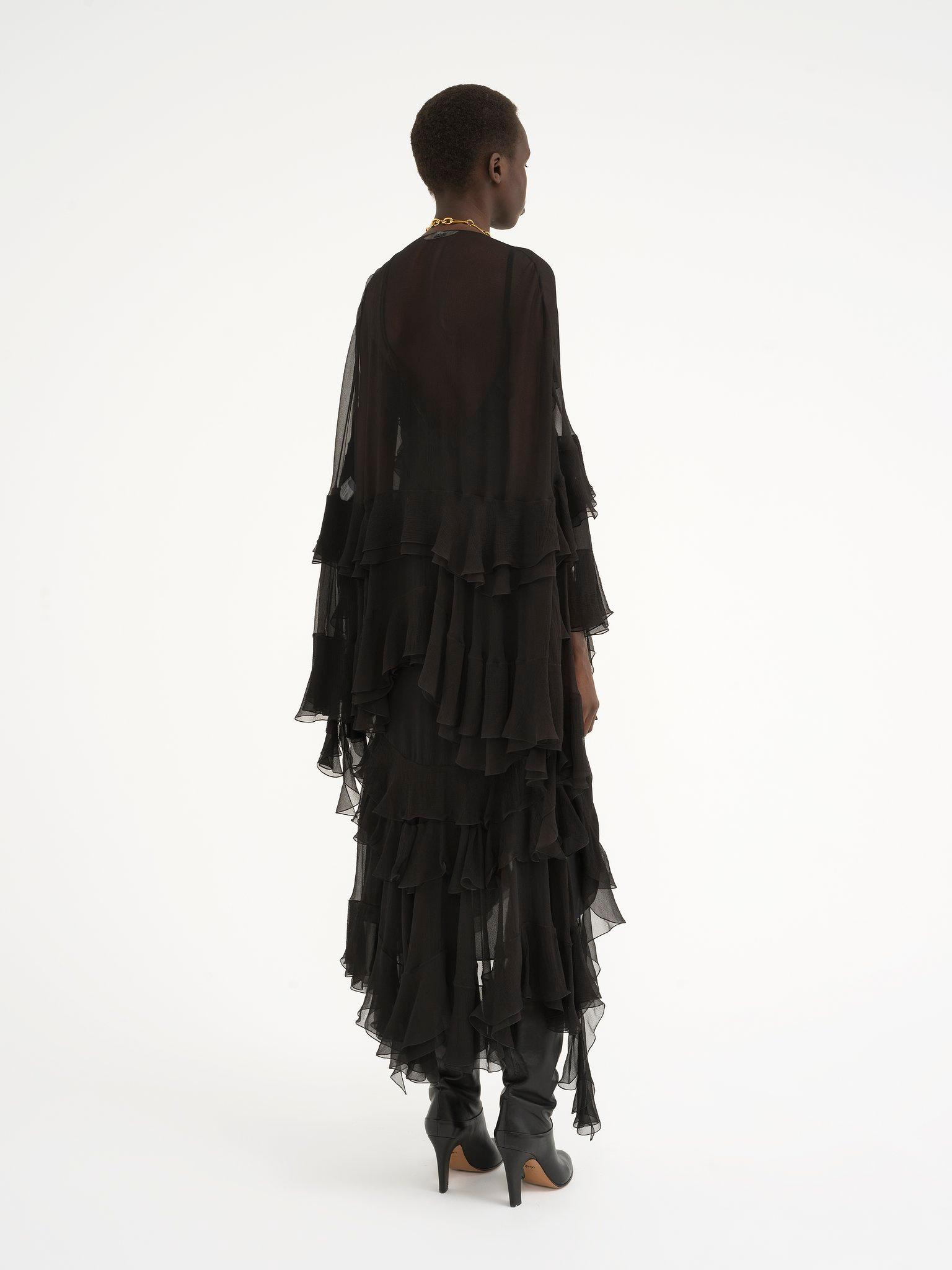 Long ruffled dress in silk mousseline Product Image