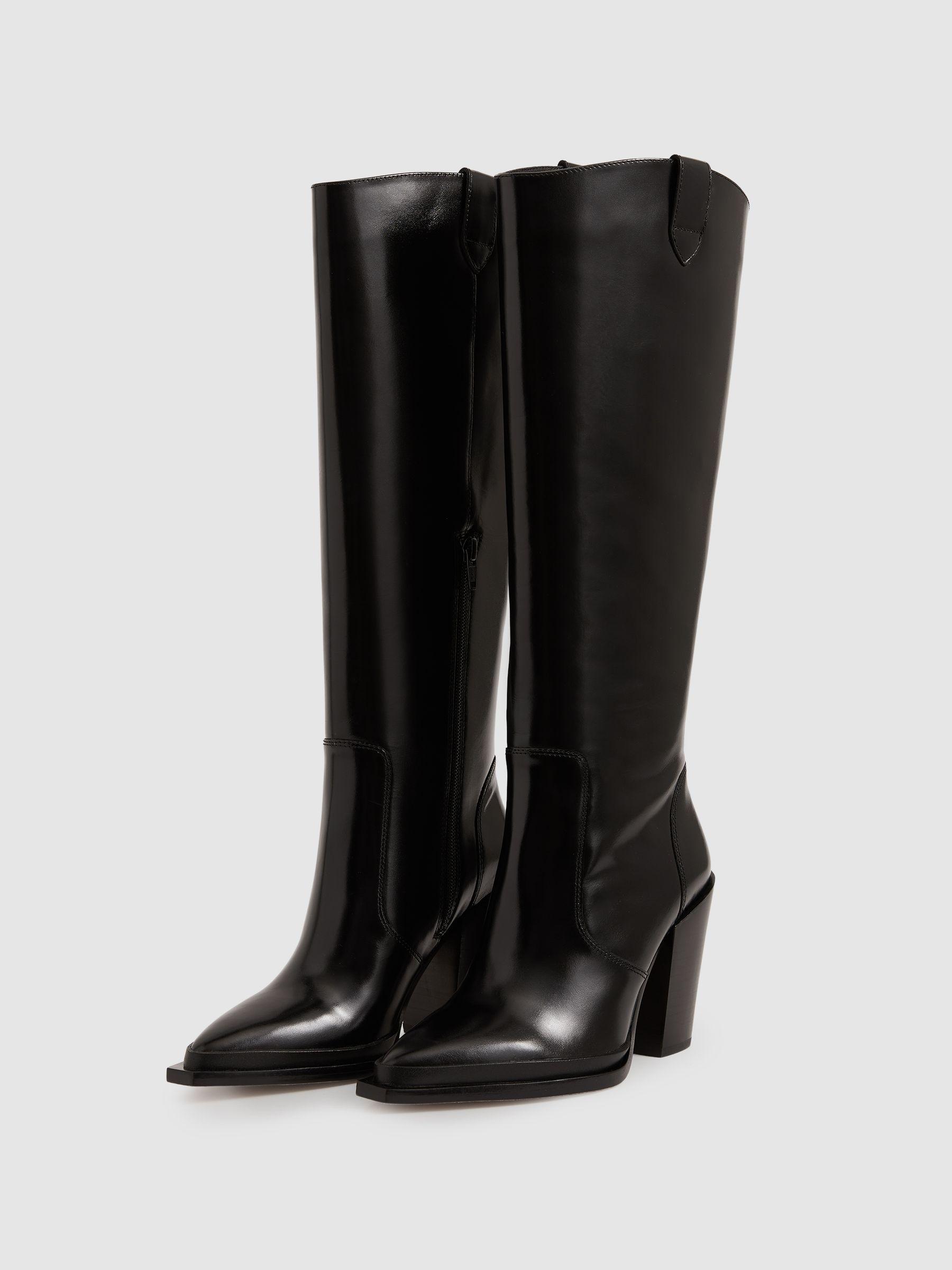 Paige Leather Knee-High Block-Heel Boots in Black Product Image