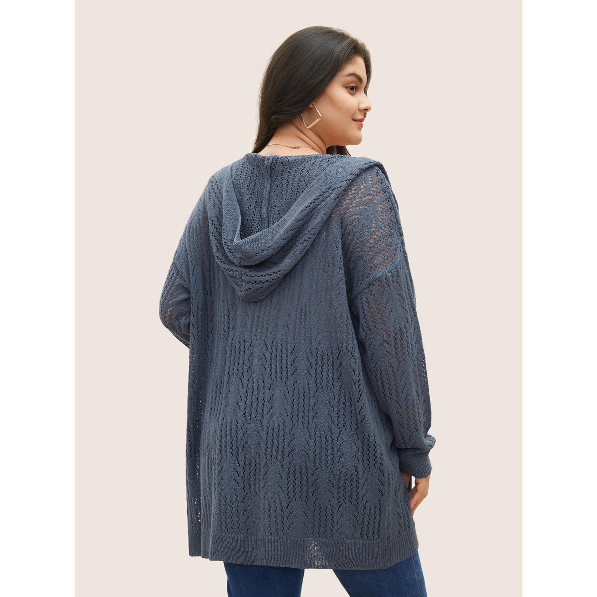 Plus Size Solid Hollow Out Hooded Cardigan Stone Women Casual Long Sleeve Everyday Cardigans BloomChic 12/L Product Image