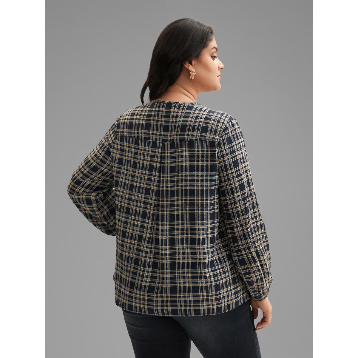 Plus Size Indigo Plaid Zipper Front Lantern Sleeve Blouse Women Timeless Long Sleeve V-neck Elegant Blouses BloomChic 18-20/2X Product Image