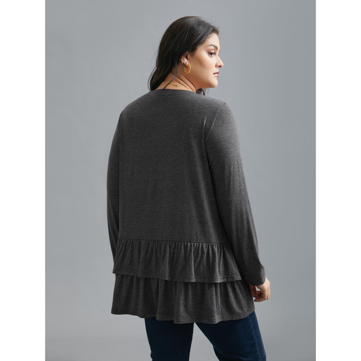 Plus Size Round Neck Tiered Ruffles Hem T-Shirt DimGray Women Elegant Gathered Round Neck Everyday T-shirts BloomChic 12/L Product Image