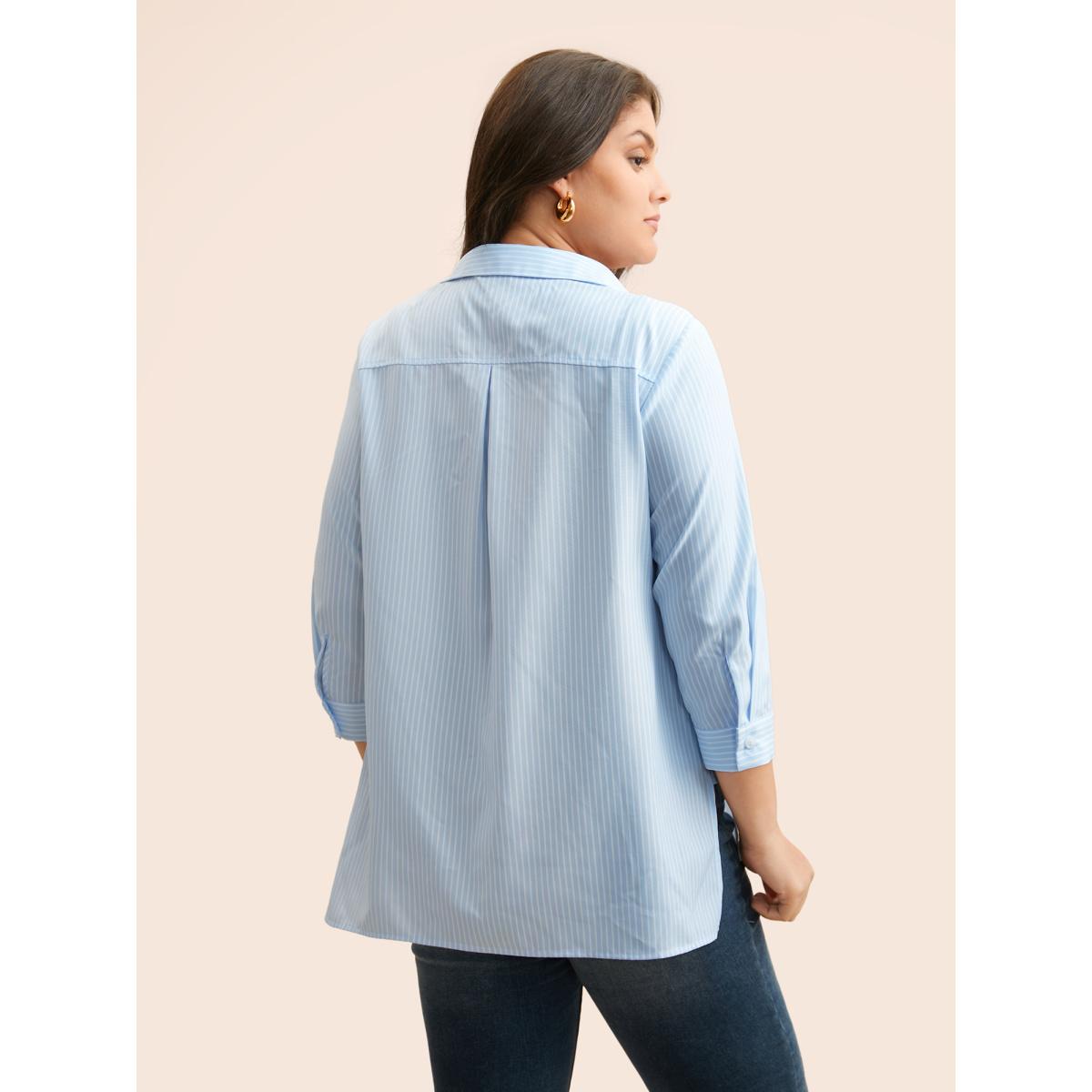 Plus Size LightBlue Floral Embroidered Striped Patched Pocket Blouse Women Elegant Elbow-length sleeve Shirt collar Everyday Blouses BloomChic 28/5X Product Image