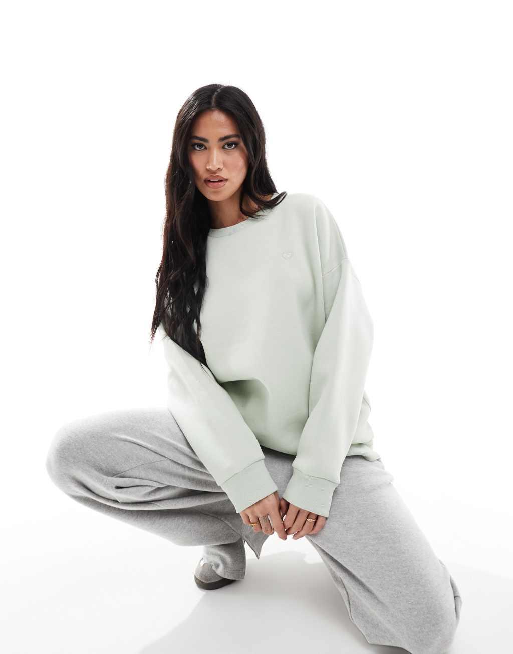 Miss Selfridge oversized heart embroidered sweatshirt in mint Product Image