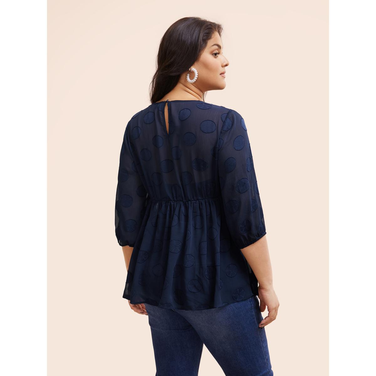Plus Size Indigo Chiffon Textured Mesh Lantern Sleeve Blouse Women Elegant Elbow-length sleeve Round Neck Everyday Blouses BloomChic 14-16/1X Product Image