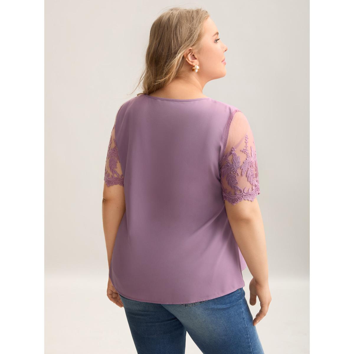 Plus Size Lilac Spliced Sheer Sleeve Plain Curvy Fit Blouse Women Elegant Short sleeve Round Neck Everyday Blouses BloomChic 28/5X Product Image