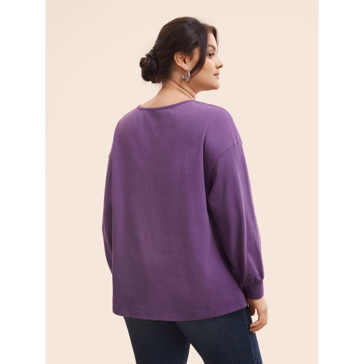 Plus Size Vintage Button Up Drop Shoulder T-shirt Deeppurple Women Casual Button Round Neck Everyday T-shirts BloomChic 14-16/1X Product Image