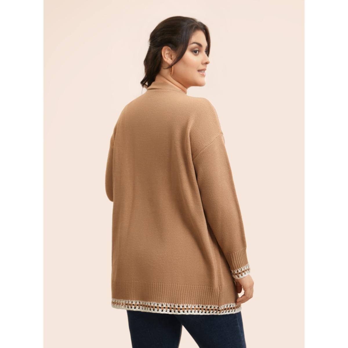 Plus Size Crochet Contrast Wool Blend Cardigan Tan Women Casual Loose Long Sleeve Everyday Cardigans BloomChic 18-20/2X Product Image