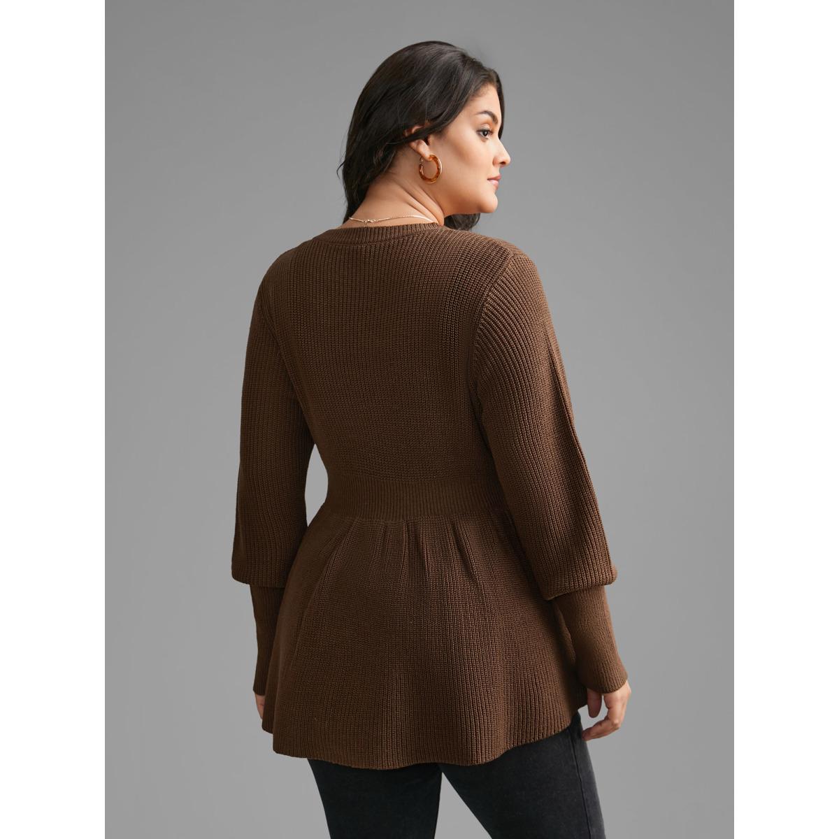 Plus Size Plain V Neck Lantern Sleeve Pullover Browncoffeecolor Women Casual Loose Long Sleeve V-neck Everyday Pullovers BloomChic 18-20/2X Product Image