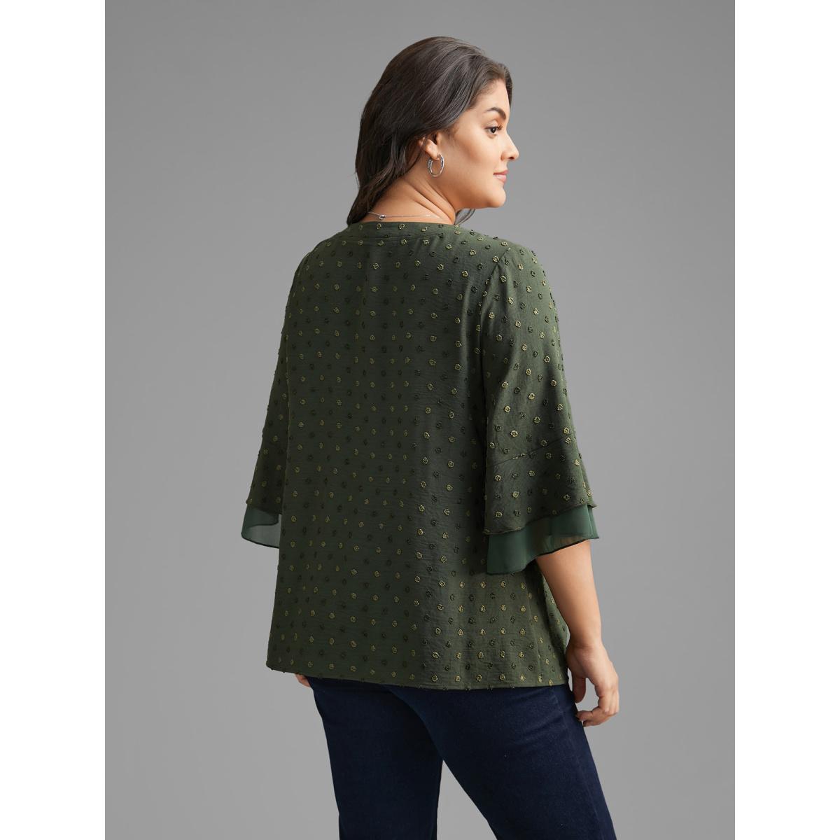Plus Size ArmyGreen Textured Pleated Tiered Ruffle Sleeve Blouse Women Elegant Elbow-length sleeve V-neck Everyday Blouses BloomChic 18-20/2X Product Image