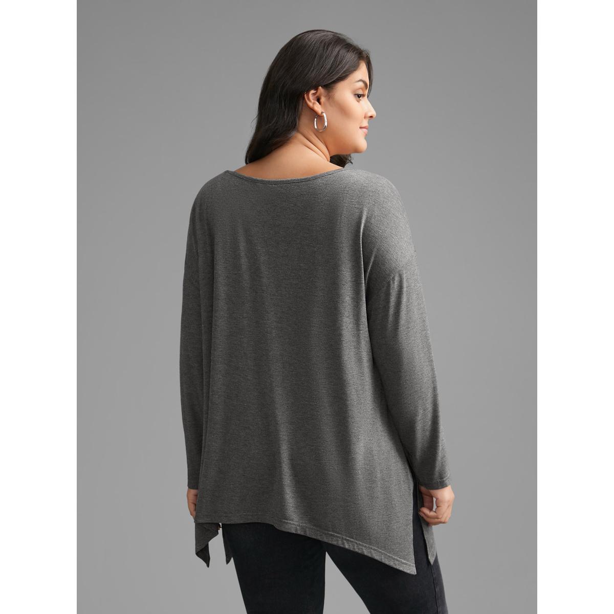 Plus Size Plain Boat Neck Asymmetrical Hem T-shirt DarkGray Women Casual Asymmetrical Boat Neck Loose Everyday T-shirts BloomChic 12/L Product Image