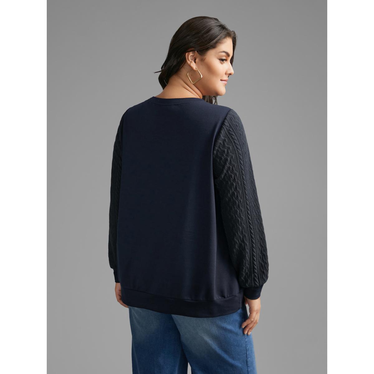 Plus Size Crew Neck Plain Textured Patchwork Sweatshirt Women Midnight Casual Texture Round Neck Everyday Sweatshirts BloomChic 10/M Product Image