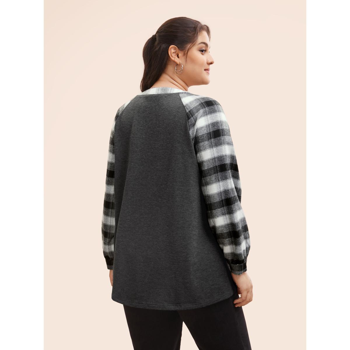 Plus Size Plaid Patchwork Notched Button Detail Sweatshirt Women DimGray Casual Patchwork Notched collar Everyday Sweatshirts BloomChic 28/5X Product Image